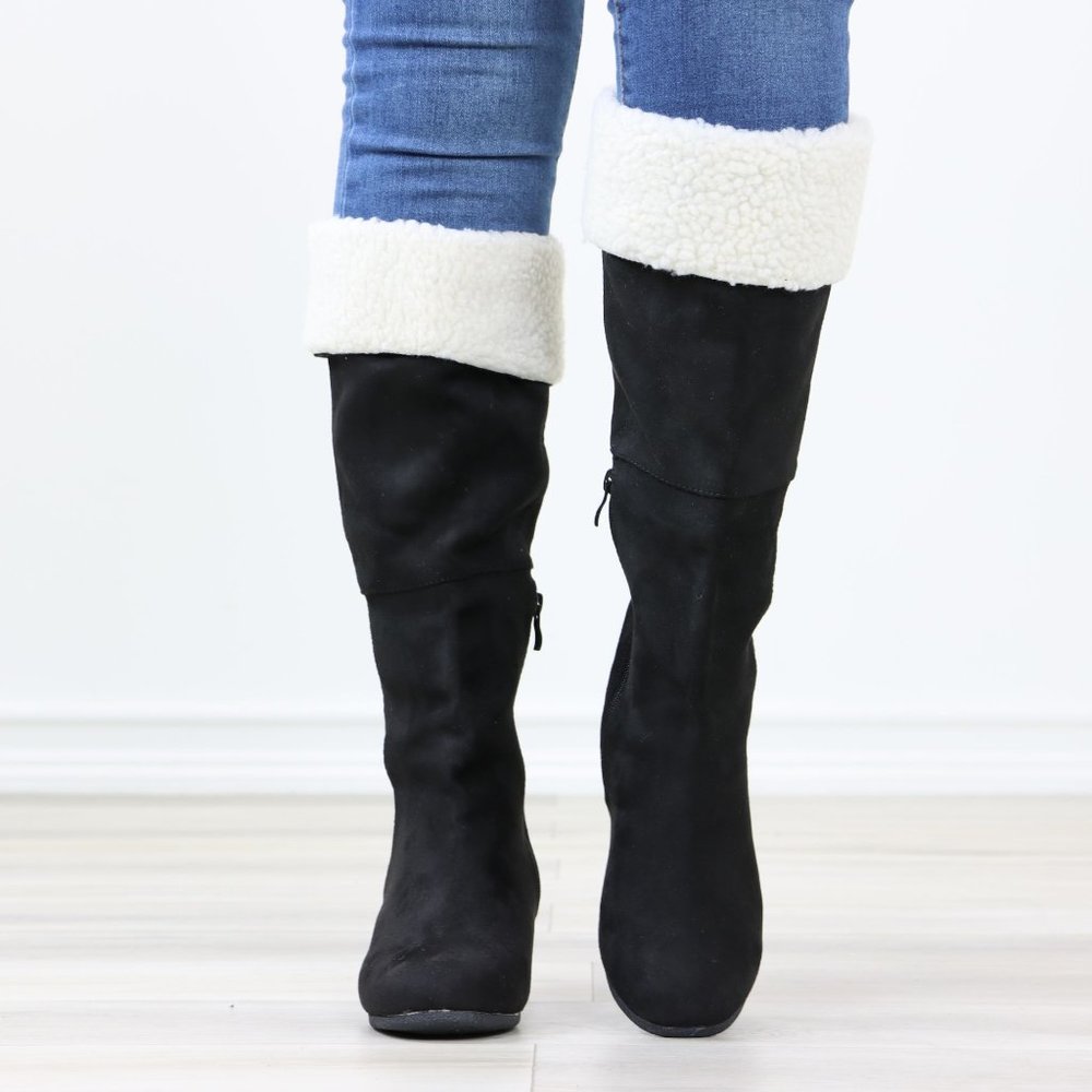 Sherpa Fold Over Black Below The Knee Wedge Heeled Boots Faux Suede - Picture 9 of 12